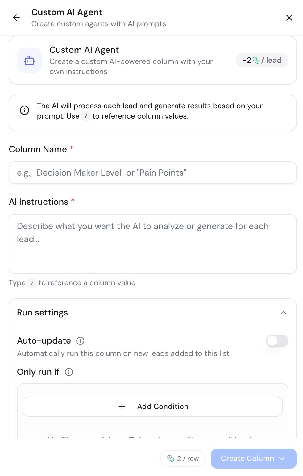 Custom AI Agent dialog