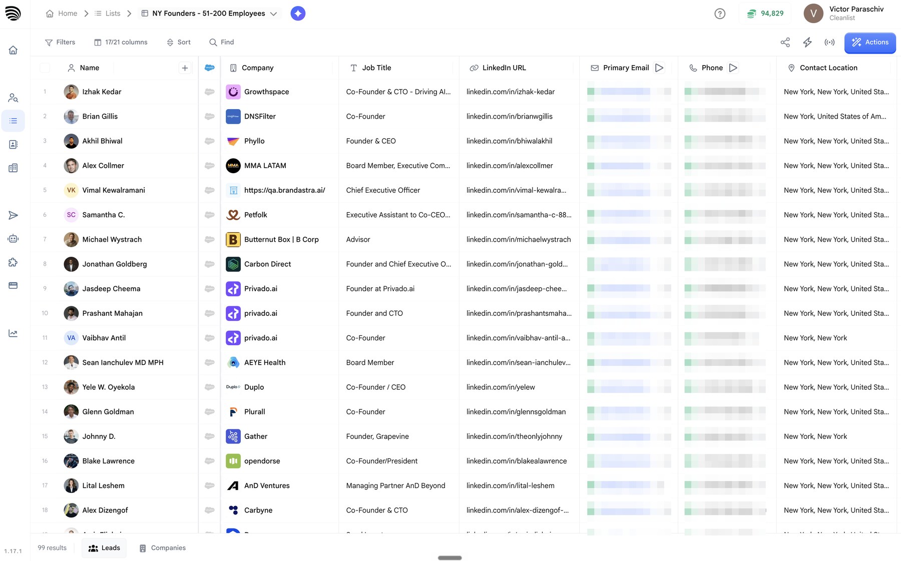 A Cleanlist lead list enriched with company, job title, LinkedIn URL, verified email, direct phone, and location for each contact